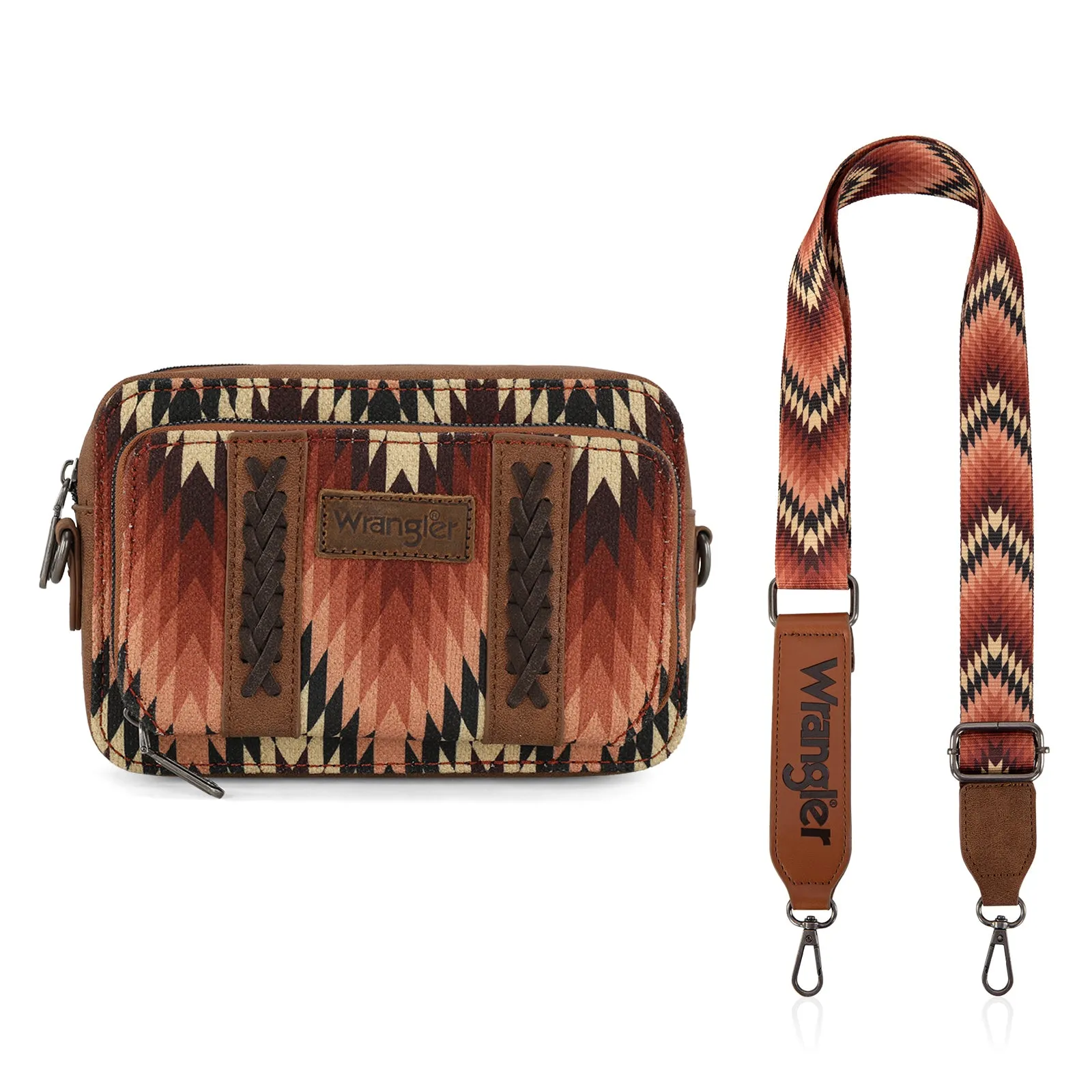 WG2211-3003  Wrangler Southwestern Pattern Dual Sided Print Crossbody Purse With Wallet Compartment -Brown