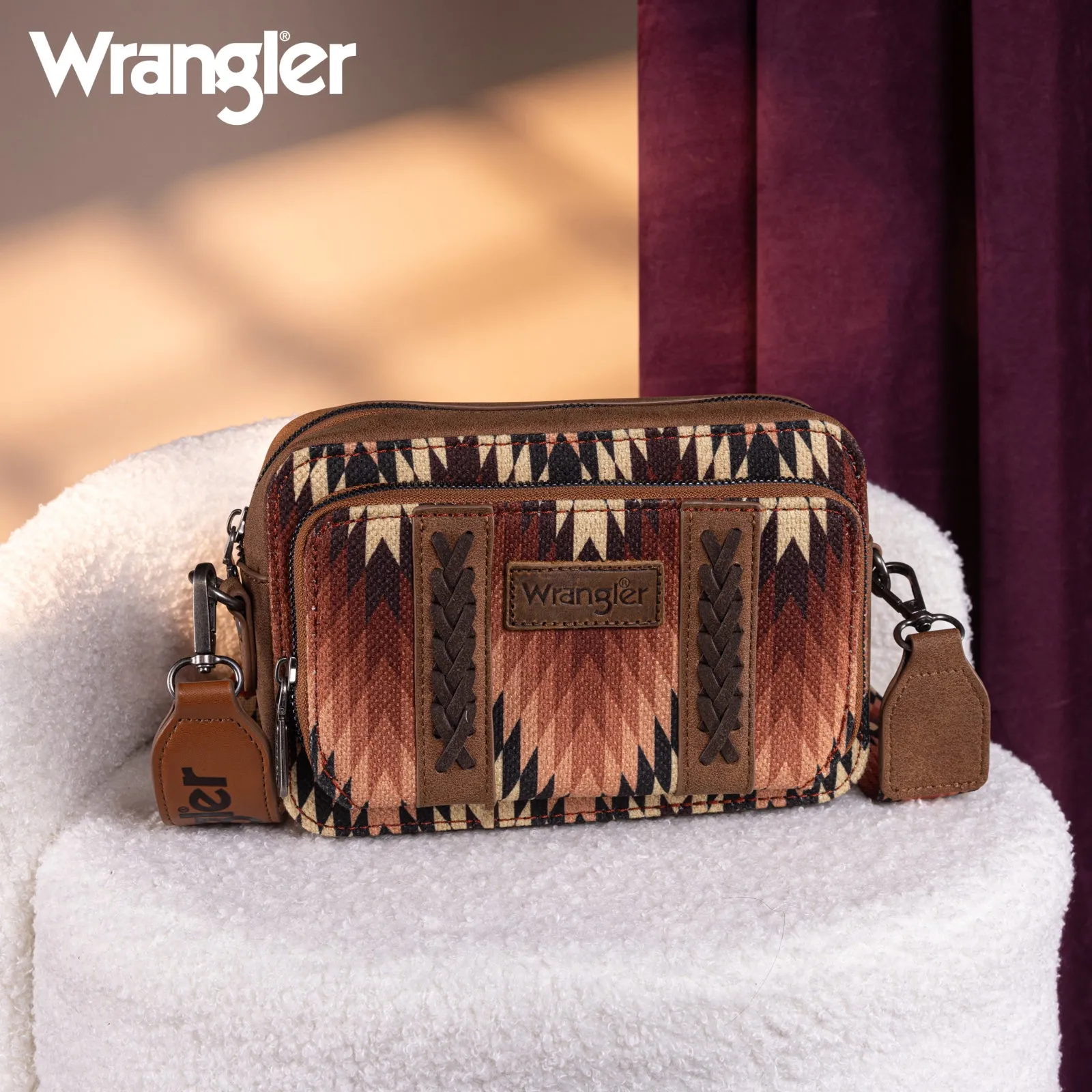 WG2211-3003  Wrangler Southwestern Pattern Dual Sided Print Crossbody Purse With Wallet Compartment -Brown