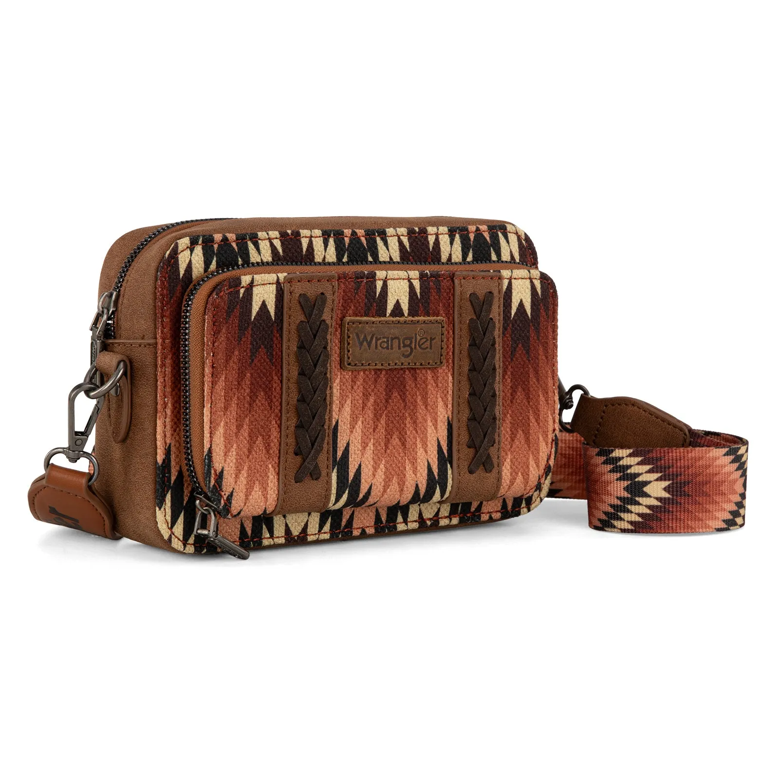 WG2211-3003  Wrangler Southwestern Pattern Dual Sided Print Crossbody Purse With Wallet Compartment -Brown