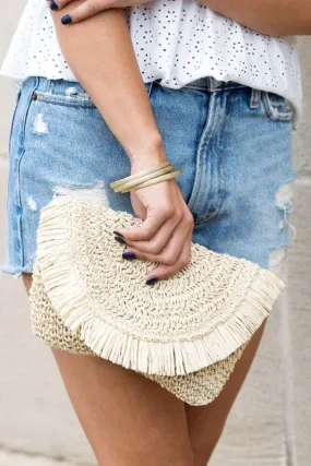 Whimsy Straw Clutch With Frayed Fold-Over