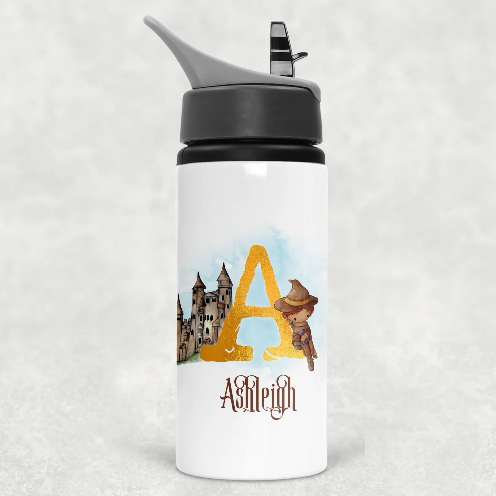 Wizard Alphabet Personalised Aluminium Straw Water Bottle 650ml