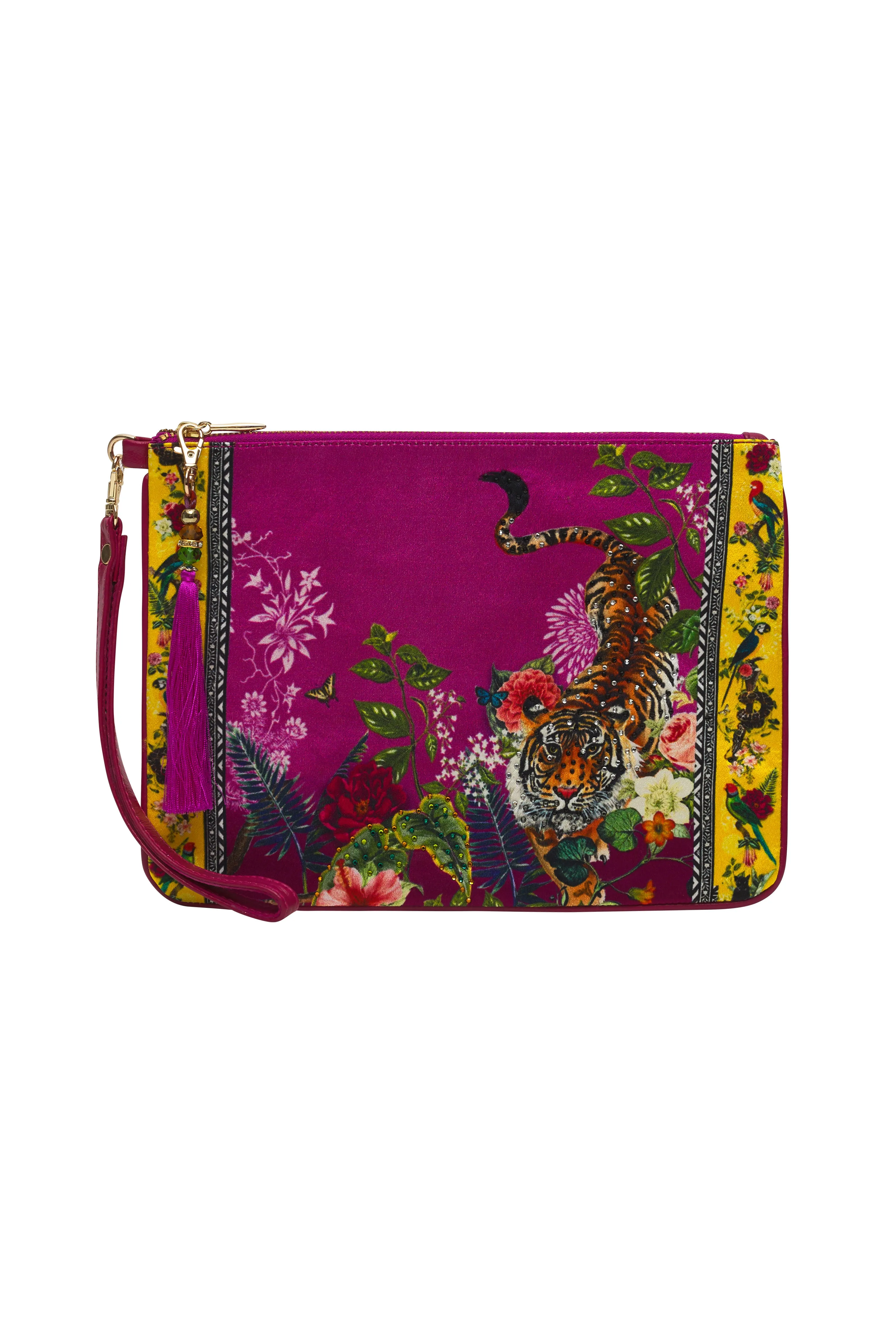 ZIP TOP CLUTCH WITH WRISTLET JUNGLE LANGUAGE