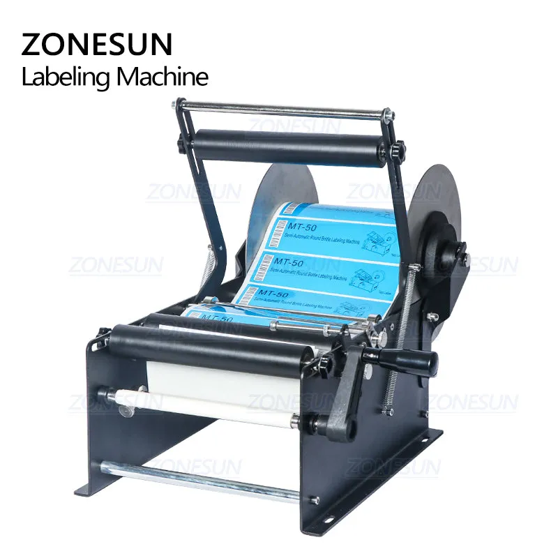 ZONESUN ZS-50W Manual Round Bottle Adhesive Sticker Label Applicator For Plastic Wine Bottle Packing Labeling Machine