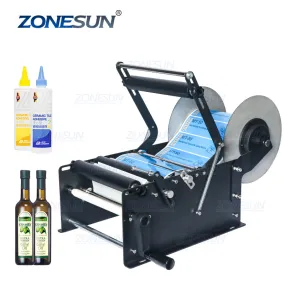 ZONESUN ZS-50W Manual Round Bottle Adhesive Sticker Label Applicator For Plastic Wine Bottle Packing Labeling Machine