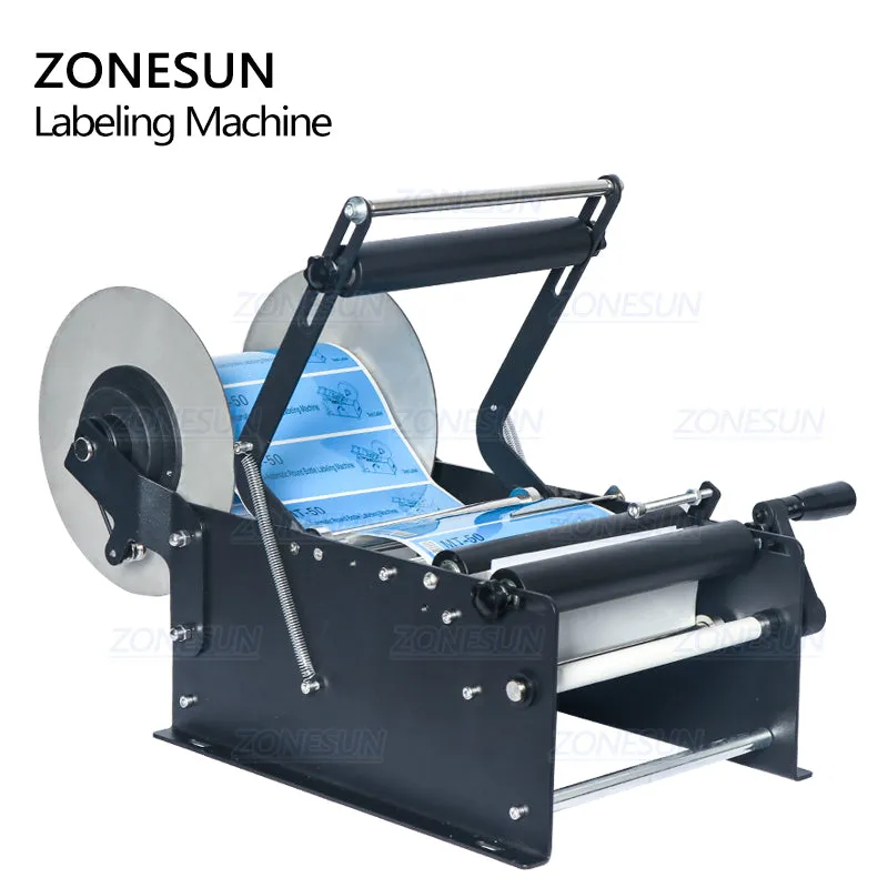 ZONESUN ZS-50W Manual Round Bottle Adhesive Sticker Label Applicator For Plastic Wine Bottle Packing Labeling Machine